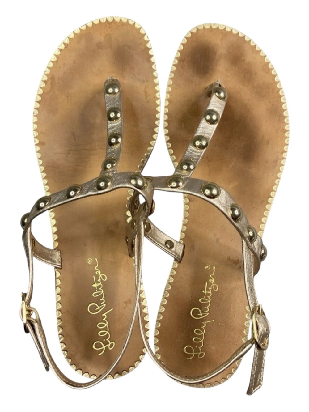 Lilly Pulitzer Sandal Women 7.5
Leather T Strap Flat Rita Gold
Metallic Studs